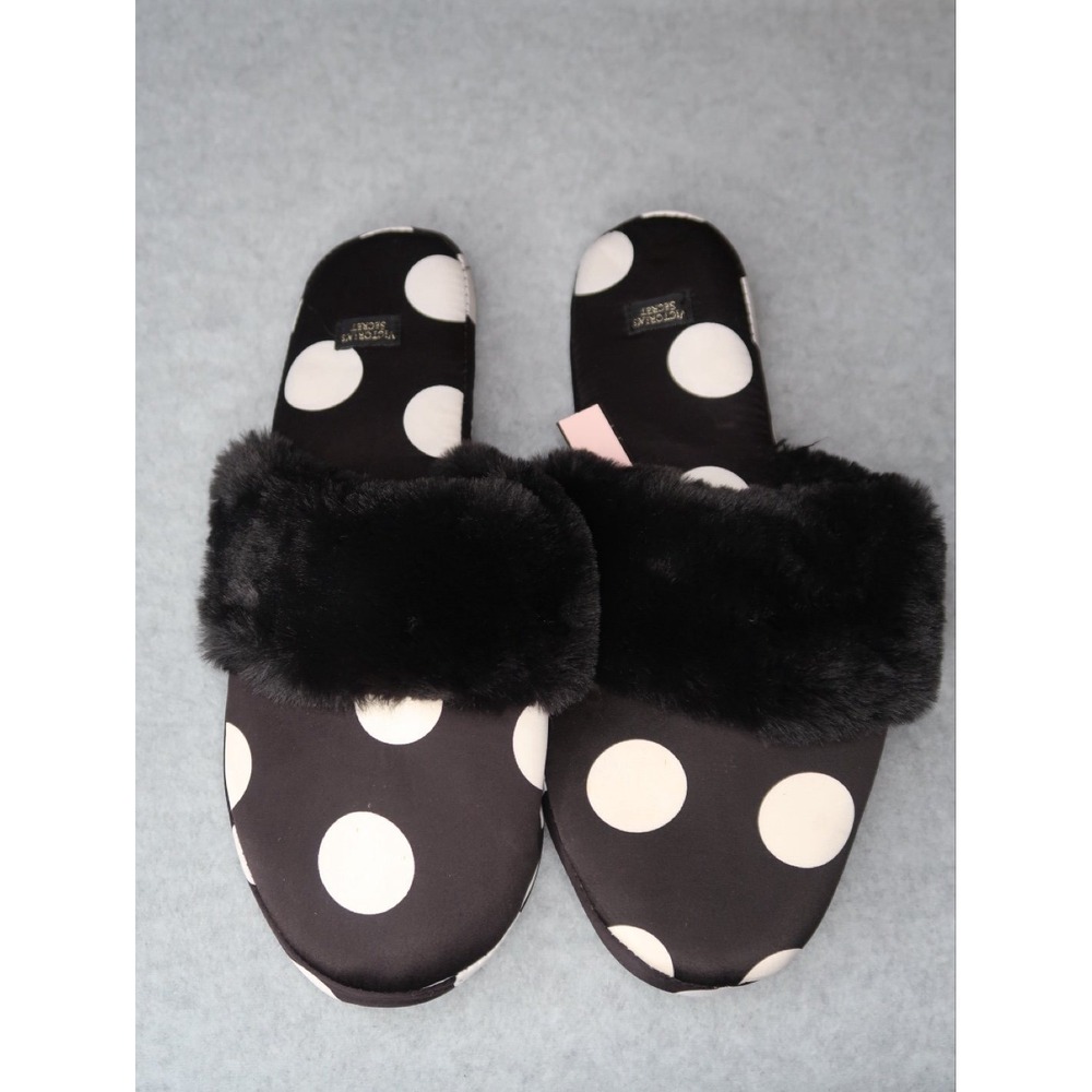 Victoria Secret Satin Faux Fur Polka Dot Slide Slippers‎ Women's L Sleepwear NWT